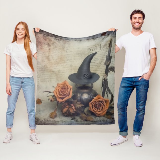 Vintage Victorian Witch Pumpkin Roses Fleece Blanket (In Situ)