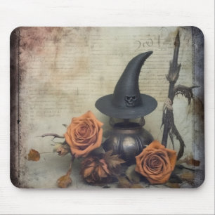 Vintage Victorian Witch Pumpkin Roses Mouse Mat