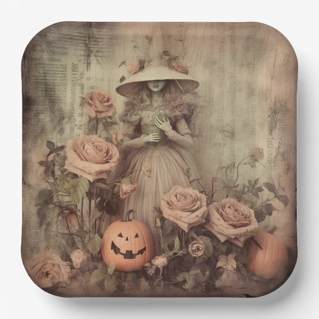 Vintage Victorian Witch Pumpkin Roses Paper Plate (Front)