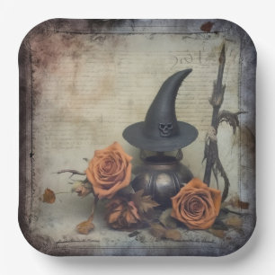 Vintage Victorian Witch Pumpkin Roses Paper Plate