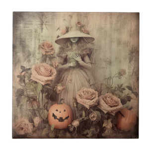 Vintage Victorian Witch Pumpkin Roses Tile