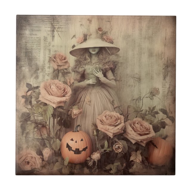 Vintage Victorian Witch Pumpkin Roses Tile (Front)