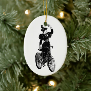 Vintage Victorian Woman Cyclist Antique Bicycle Ceramic Tree Decoration