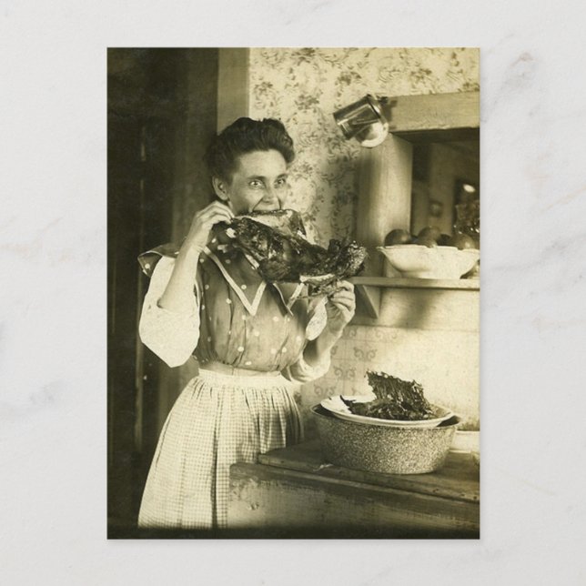 Vintage Victorian Woman Eating Ribs Postcard (Front)