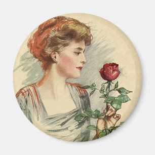 Vintage Victorian Woman Red Rose Flower Floral Magnet