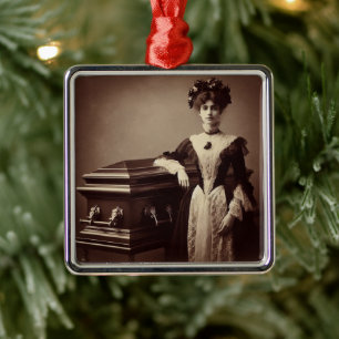 Vintage Victorian Woman with Coffin Metal Tree Decoration