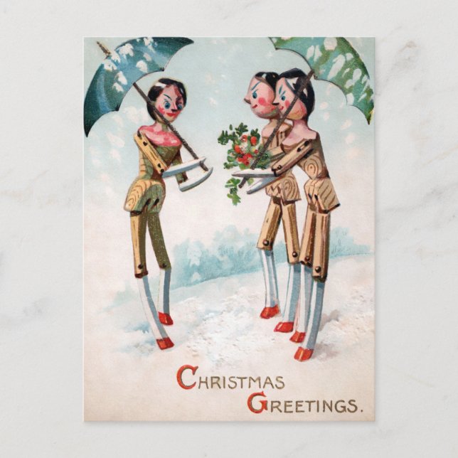 Vintage Victorian Wood Dolls Christmas Postcard (Front)
