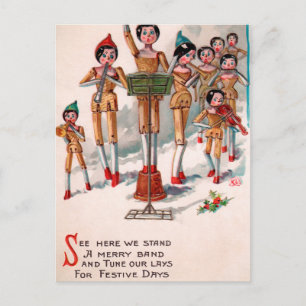 Vintage Victorian Wooden Doll Band Christmas Postcard