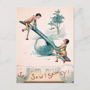 Vintage Victorian Wooden Dolls See-Saw Christmas Postcard