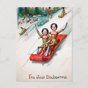 Vintage Victorian Wooden Dolls Sledding Christmas Postcard