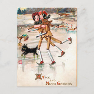Vintage Victorian Wooden Skating Christmas Dolls  Postcard
