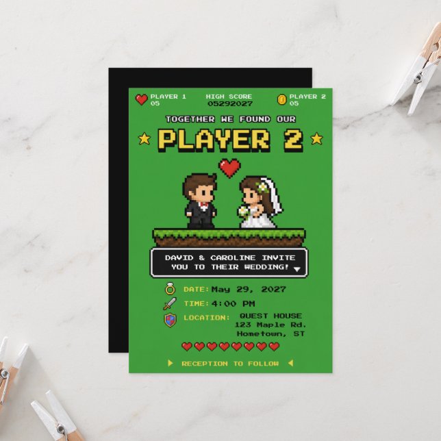 Vintage Video Game Bright Green Fun Wedding Invitation (Front/Back In Situ)