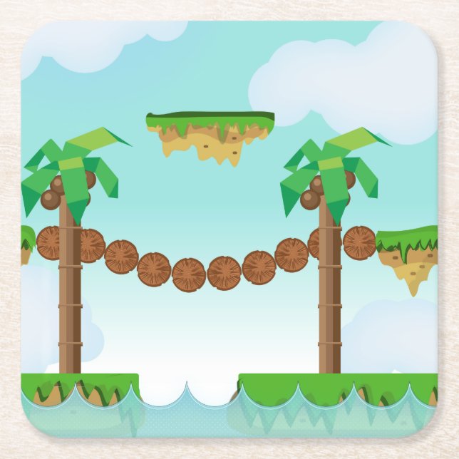 Vintage Video Game Palm Trees. Square Paper Coaster (Front)