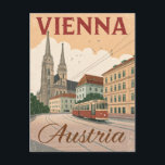 Vintage Vienna Travel Postcard<br><div class="desc">Capture the imperial elegance of the Austrian capital with this vintage-style travel poster postcard. This stunning illustration features the historic architecture of Vienna, including a grand Gothic cathedral (likely St. Stephen's) and a classic red tram moving along a European street. The design uses a muted, antique color palette, giving it...</div>