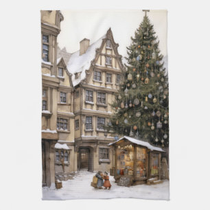 Vintage village Christmas tree gathering Tea Towel