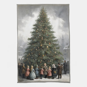 Vintage village Christmas tree gathering Tea Towel