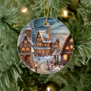 Vintage village on Christmas night Ceramic Tree Decoration