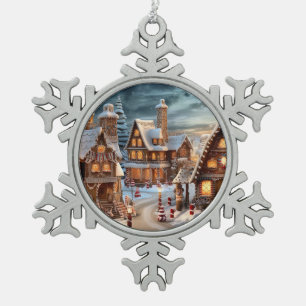 Vintage village on Christmas night Snowflake Pewter Christmas Ornament
