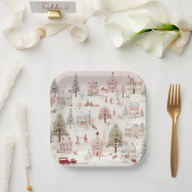 Vintage Village Pink Christmas  Paper Plate (Wedding)