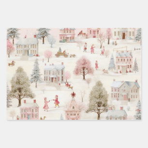 Vintage Village Pink Christmas  Wrapping Paper Sheet