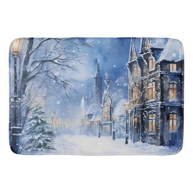 Vintage Village Snowstorm at Night Bath Mat (Front)