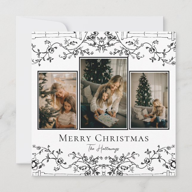 Vintage Vines Unique 3 Photo Holiday Card (Front)