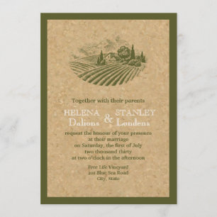 Vintage vineyard and cork beige, red wedding invitation