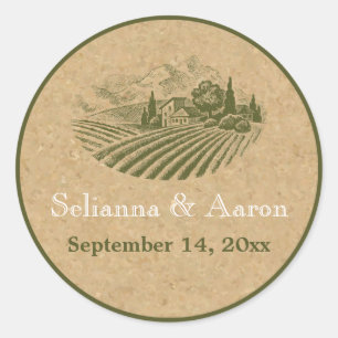 Vintage vineyard and cork wedding Save the Date Classic Round Sticker