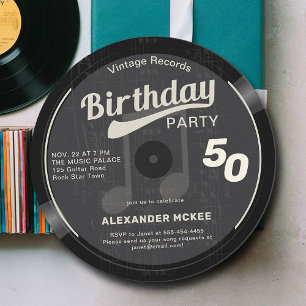 Vintage Vinyl Record Black White 70s 50th Birthday Invitation