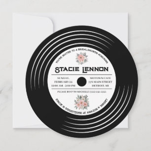 Vintage Vinyl Record, Floral, Music Bridal Shower Invitation