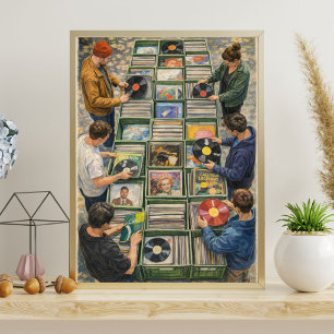 Vintage Vinyl Record Market Scene Poster
