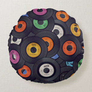 Vintage Vinyl Records Music Background Round Cushion