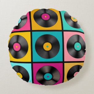 Vintage Vinyl Records Retro Background Round Cushion