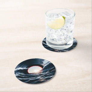 Vintage Vinyl Surf Wave Ocean Retro Music Round Paper Coaster