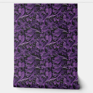 Vintage violet black faux tooled leather  wallpaper