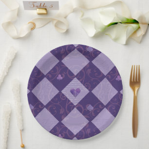 Vintage Violet Chequerboard & Playing Card Suits Paper Plate