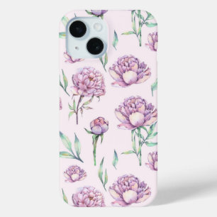 Vintage Violet Peony Flowers Seamless Pattern iPhone 15 Case