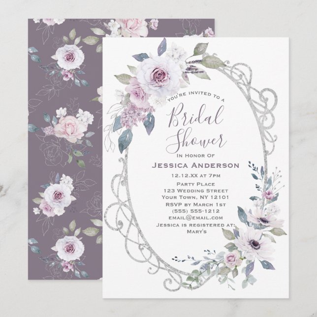 Vintage Violet Rose Silver Bridal Shower Invitation (Front/Back)