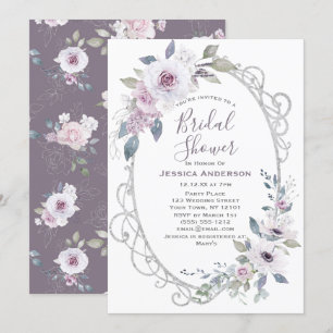 Vintage Violet Rose Silver Bridal Shower Invitation