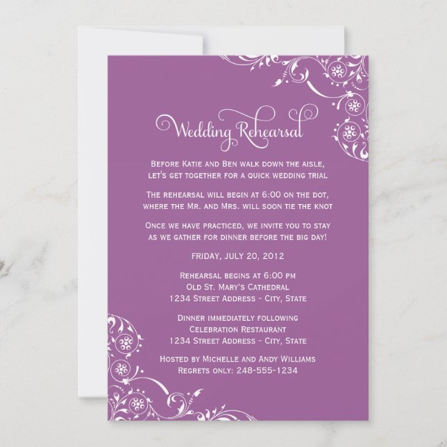 Vintage Violet Scroll Wedding Rehearsal and Dinner Invitation (Front)
