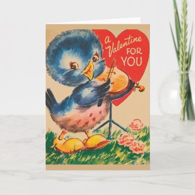 Vintage Violin Blue Bird Valentine Holiday Card (Front)