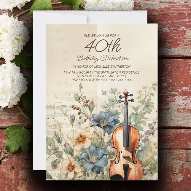 Vintage Violin Dusty Blue Flowers 40th Birthday Invitation (Vintage violin and dusty blue floral 40th birthday party invitation)