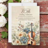 Vintage Violin Dusty Blue Flowers 80th Birthday