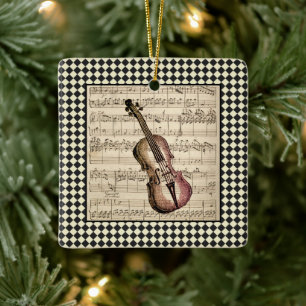 Vintage Violin Harlequin Border Ceramic Ornament