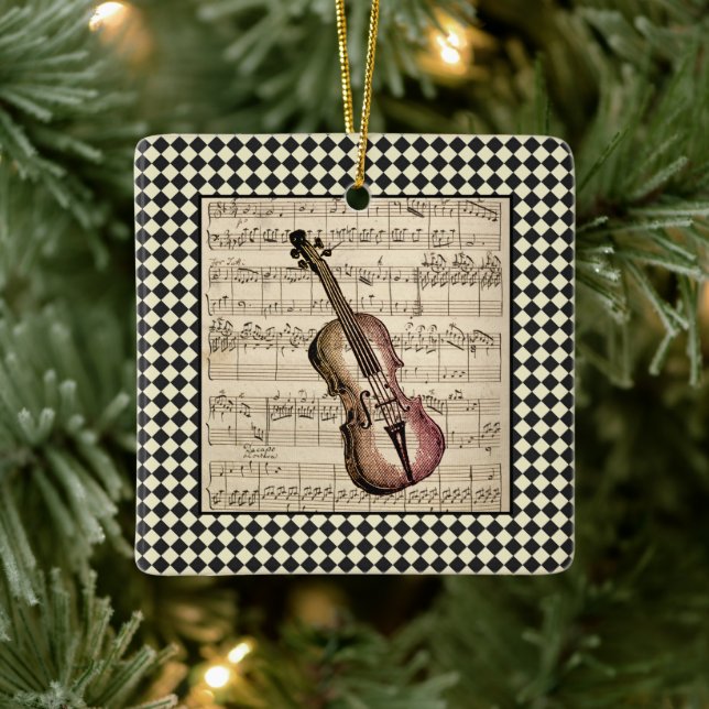 Vintage Violin Harlequin Border   Ceramic Ornament (Tree)