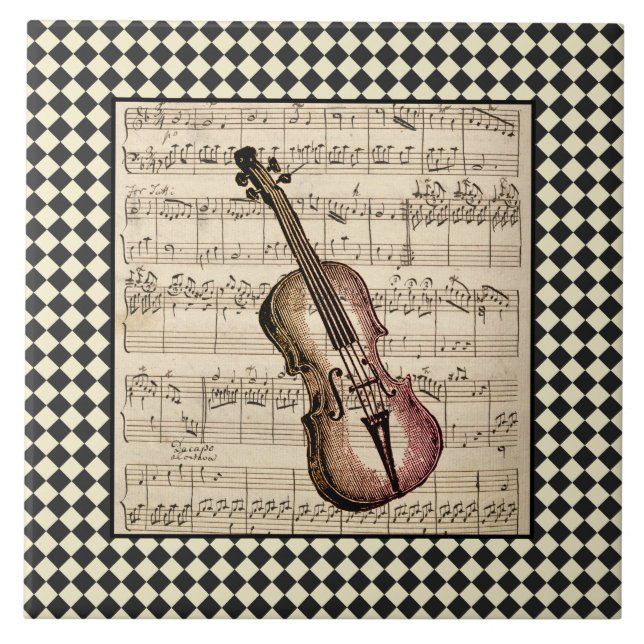 Vintage Violin Harlequin Border  Tile (Front)