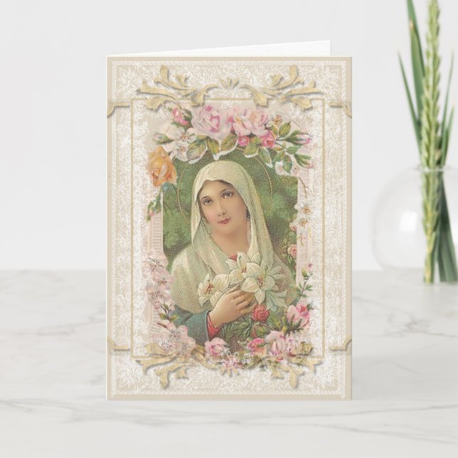 Vintage Virgin Mary Floral Religious Catholic Card (Front)