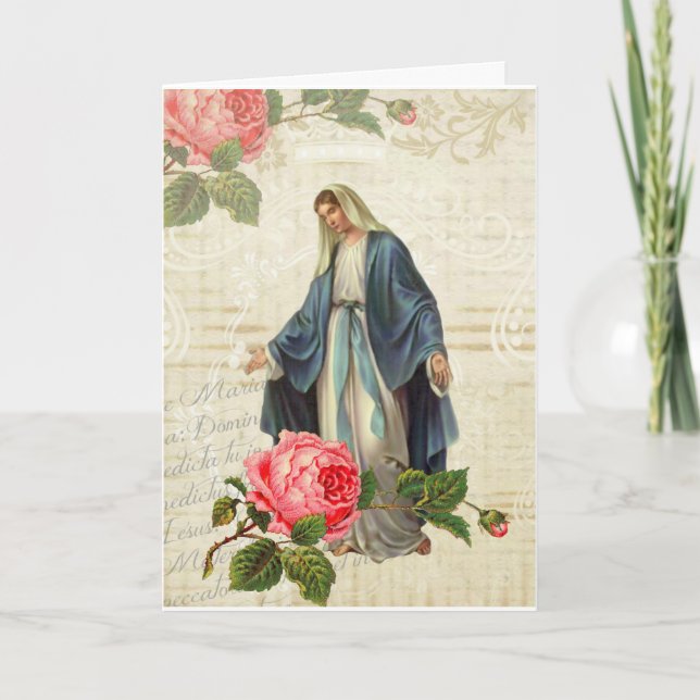 Vintage Virgin Mary Jesus Religious Roses Card (Front)