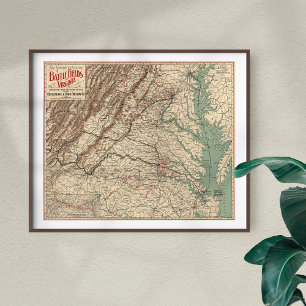 Vintage Virginia Civil War Battlefields Map, 1895 Poster