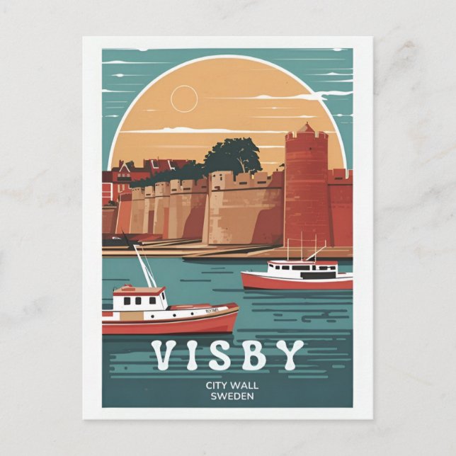 Vintage Visby City Wall Postcard – Retro Swedish C (Front)